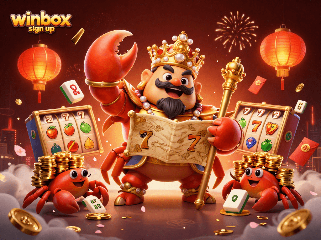 Engage in winbox sign up for thrilling slot games guided by a golden crab emperor in this vibrant casino scene.