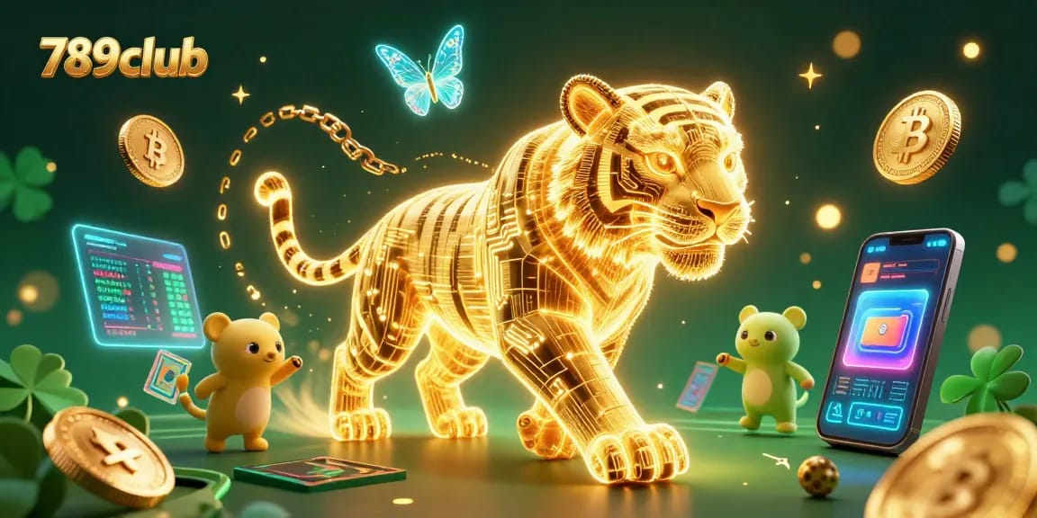 Engage with 789club in a vibrant digital casino scene featuring a neon tiger and crypto elements