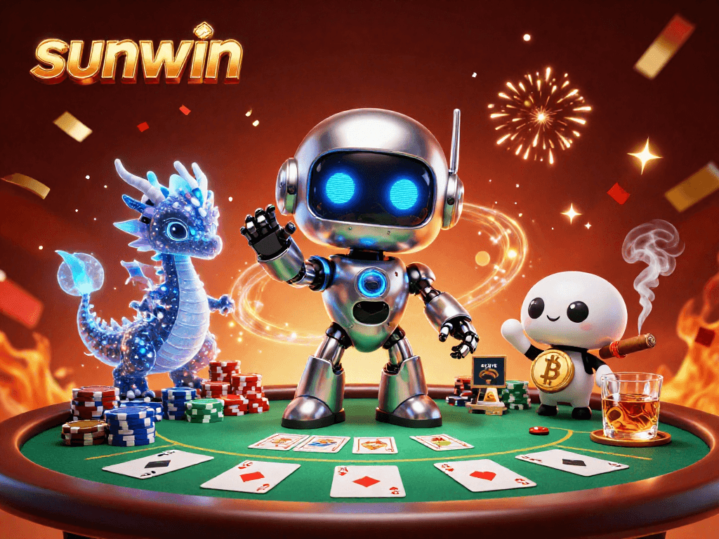 Engage in thrilling gameplay at sunwin with vibrant characters and dynamic poker action in a high-stakes casino setting.