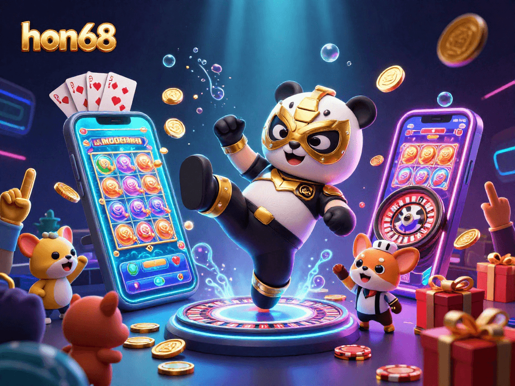 Engage with hon68 as a panda wrestler kicks in a vibrant casino filled with dynamic gaming elements.