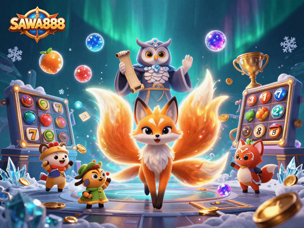 Experience the magical world of SAWA888 with a vibrant nine-tailed fox and dynamic slot elements.
