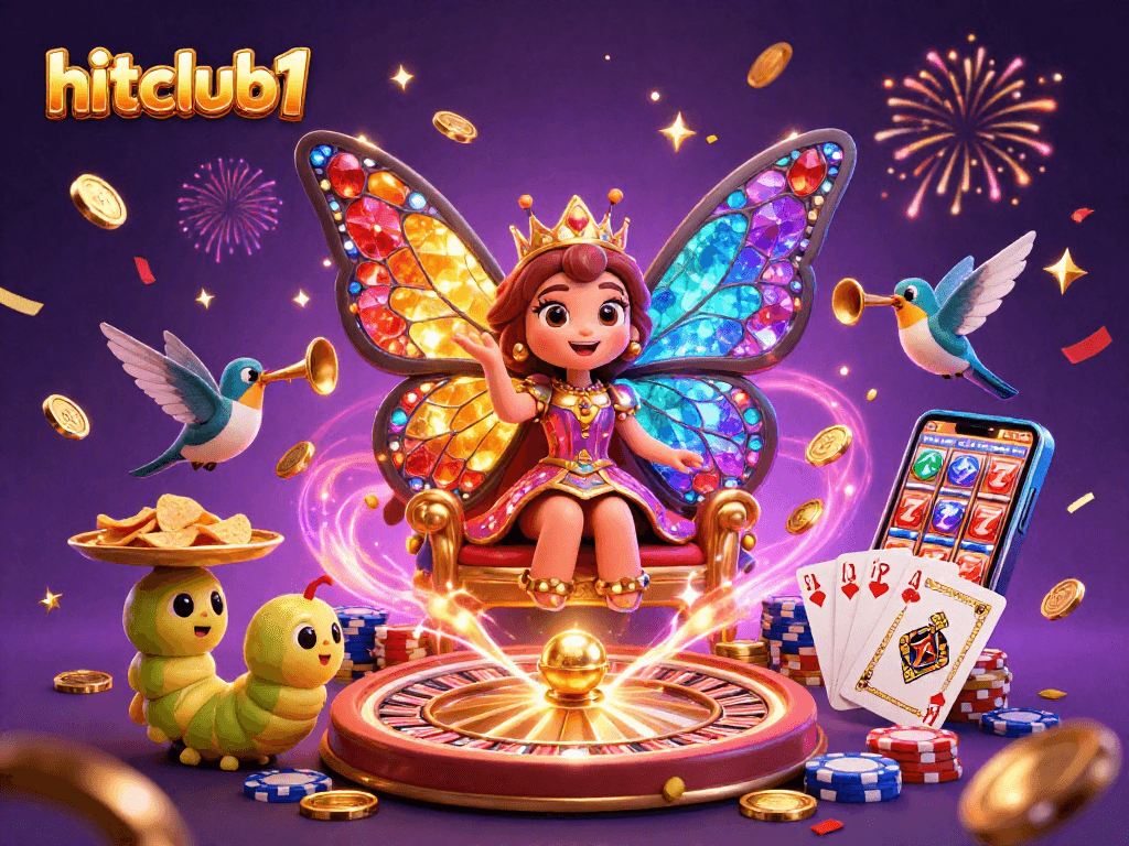 hitclub1 showcases a vibrant casino scene with a butterfly queen amidst golden coins and rich casino elements.