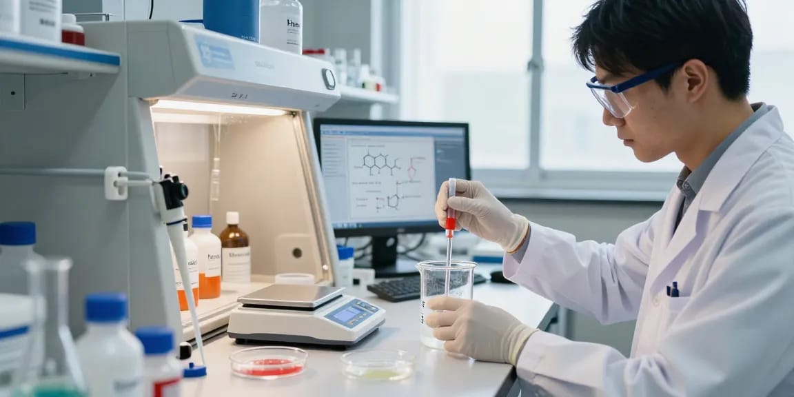 Buy nitroethane for your research chemicals in a professional lab setting with precise measurements being taken.