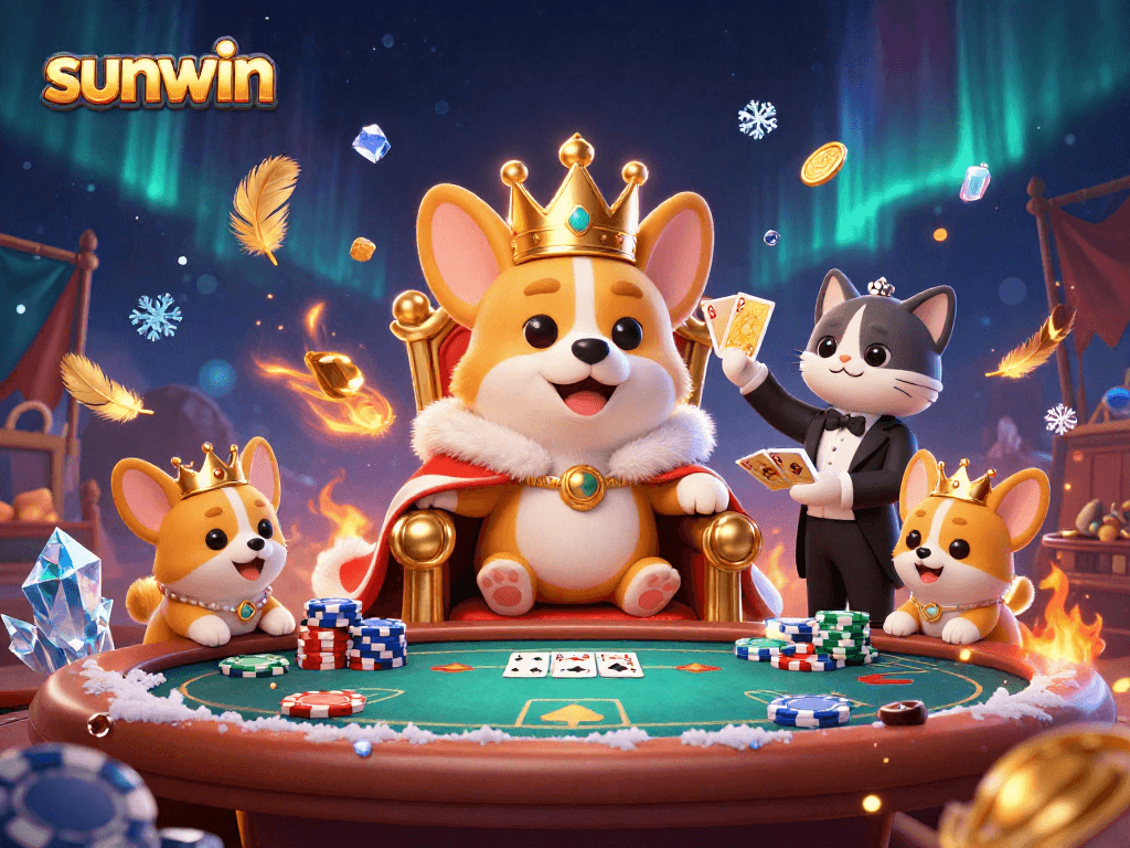 Play poker with sunwin's royal corgi and cat butler amid colorful chips and golden cards.