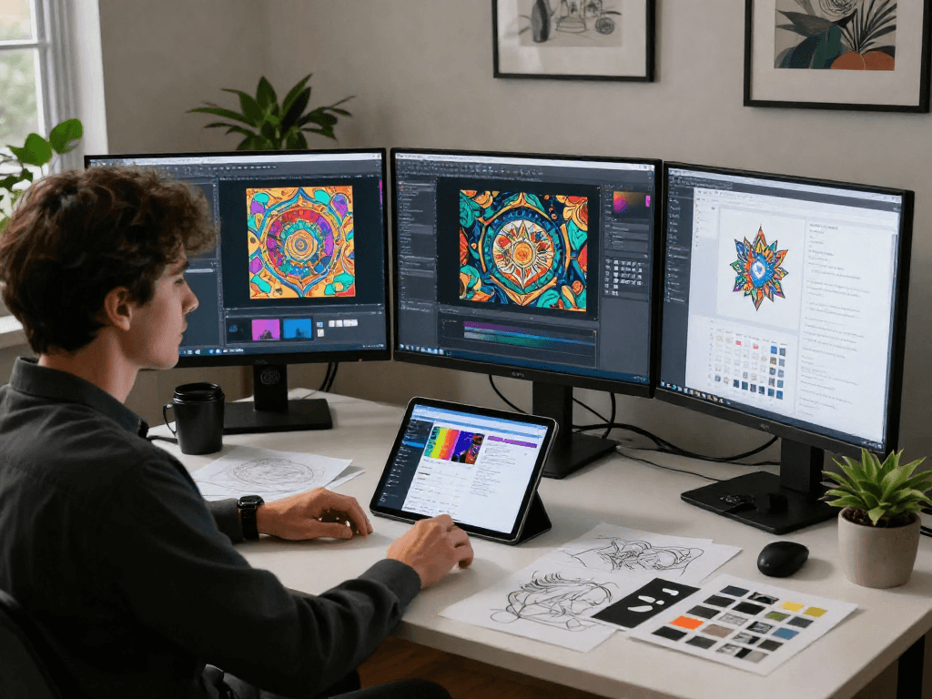 Creative professional exploring nsfw ai visuals in a vibrant digital content studio.