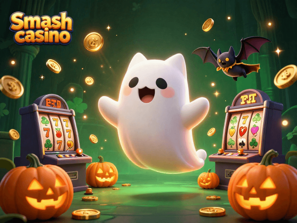 Engage with Smash casino's thrilling game scene featuring ghostly characters and vibrant slots.