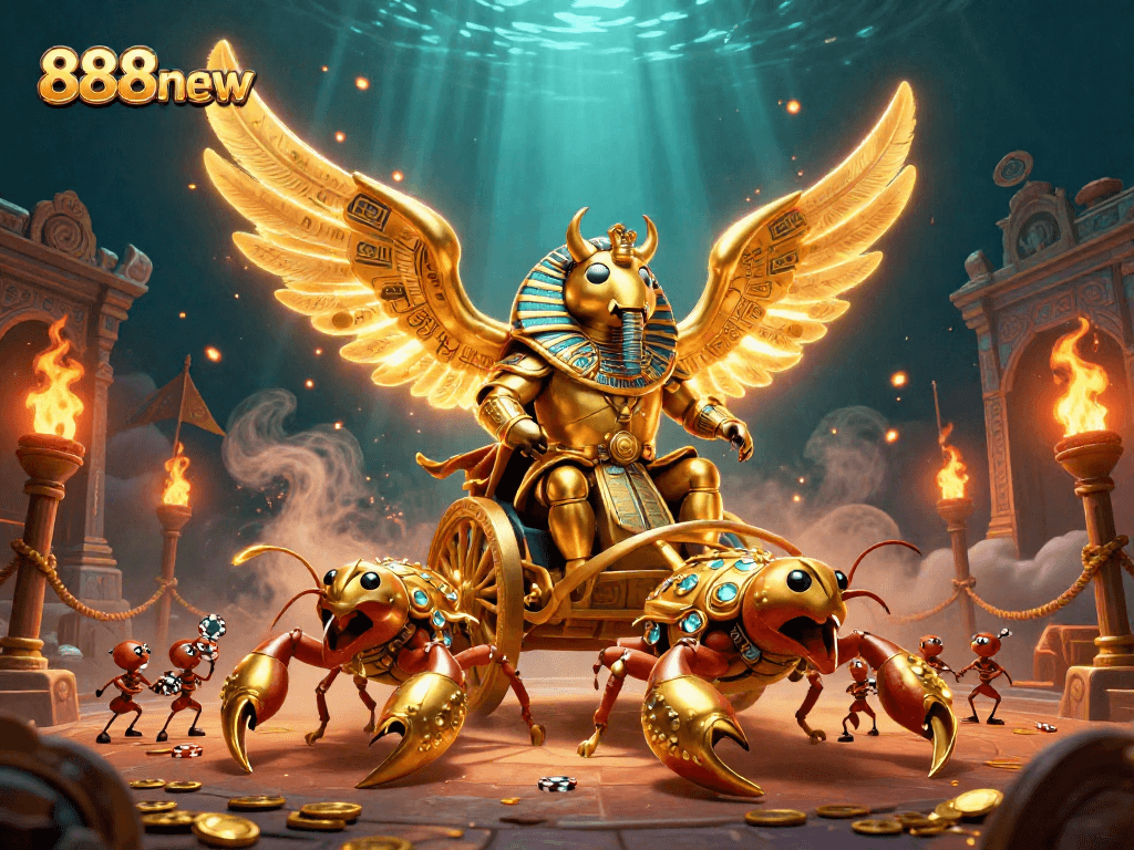 Experience thrilling gameplay at 888new with a vivid 3D illustration of legendary casino elements.