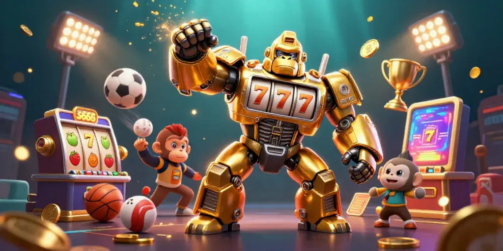 Experience thrilling gaming with s666 featuring a golden gorilla mech amidst spinning slot reels and sports balls.