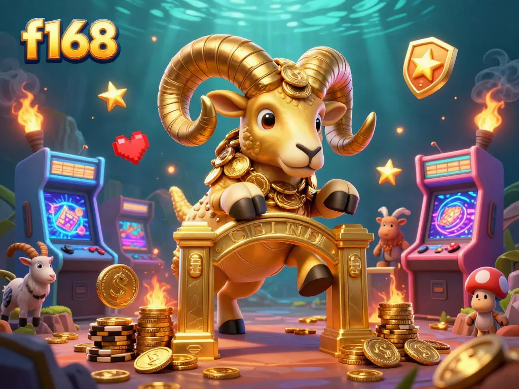 Experience the excitement of f168 with a vibrant golden ram and gambling elements in a dynamic 3D casino scene.