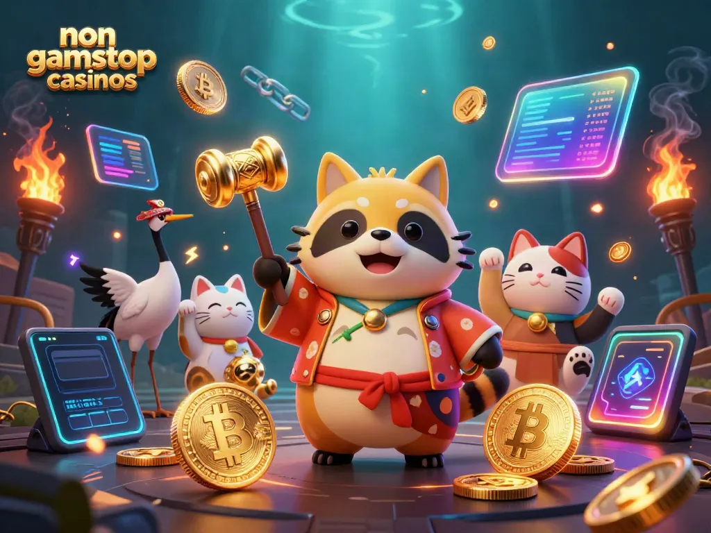 Experience non gamstop casinos with a whimsical casino-themed illustration featuring vibrant characters and crypto elements.