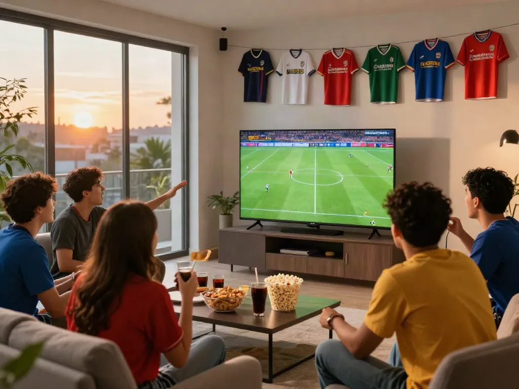 Friends enjoying a live football match on Gavangtv in a cozy setting.