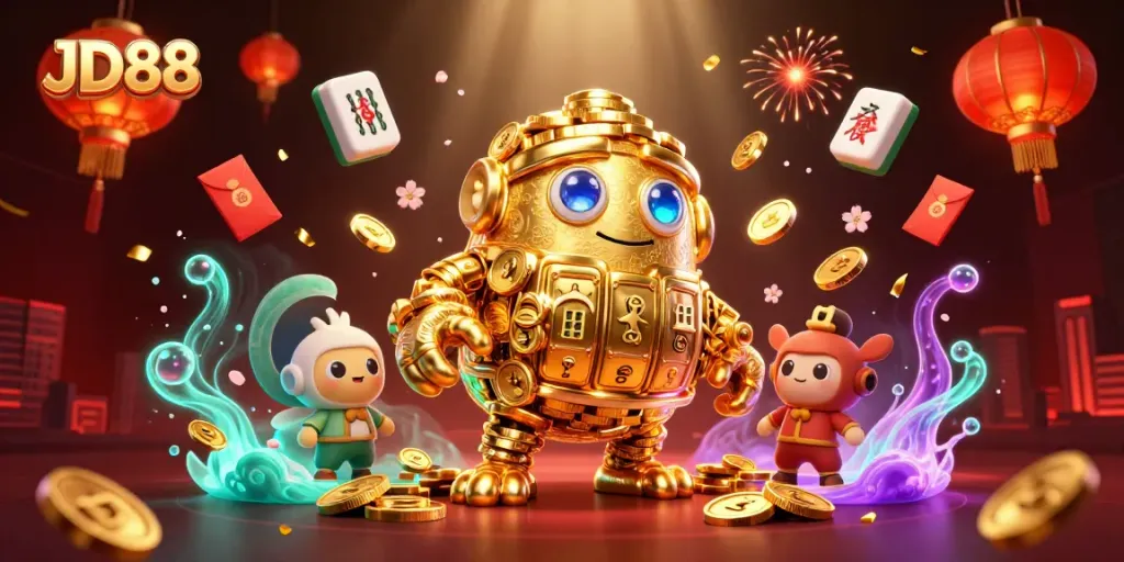 Experience the thrill of JD88 with a dynamic 3D scene showcasing a golden golem and casino elements.
