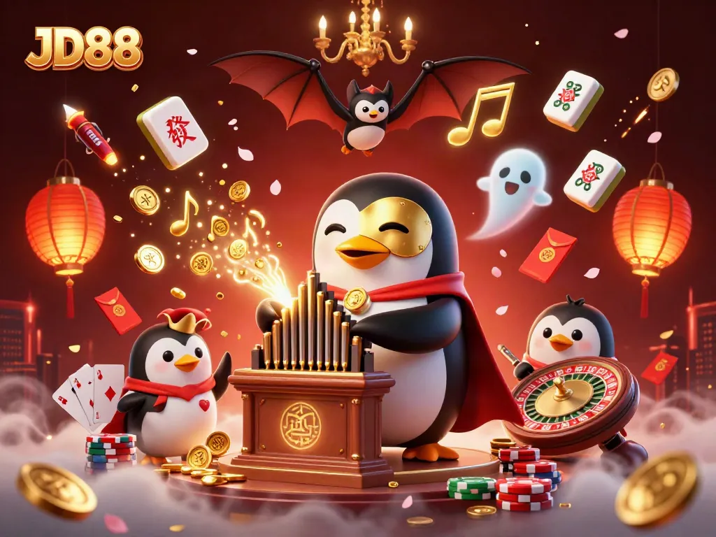 JD88 showcases a vibrant online casino scene featuring a phantom opulent penguin and animated casino elements.