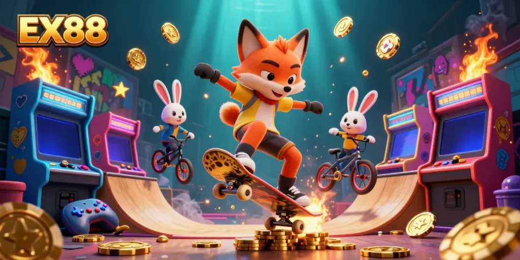 Experience exhilarating gaming with the EX88-themed illustration showcasing vibrant casino elements and dynamic characters.