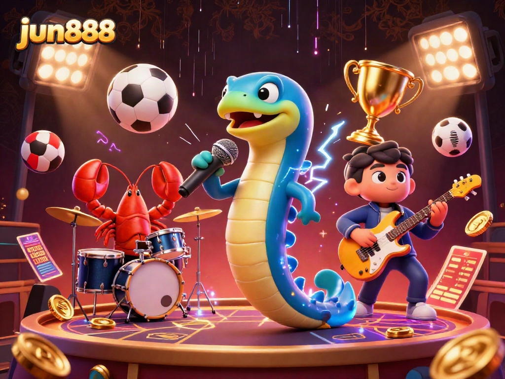 Experience the vibrant underwater casino stage with jun888's electric eel DJ, surrounded by sports-themed elements.