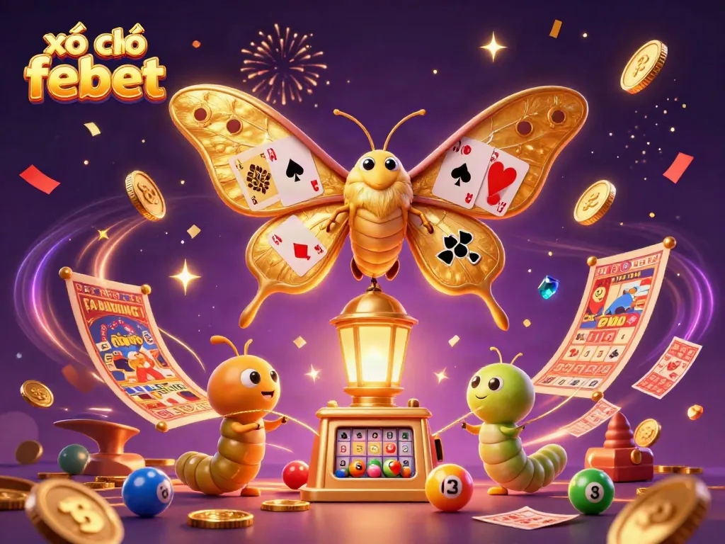 Experience excitement with xổ số febet illustrated in a vibrant 3D scene featuring golden coins, lottery balls, and confetti.