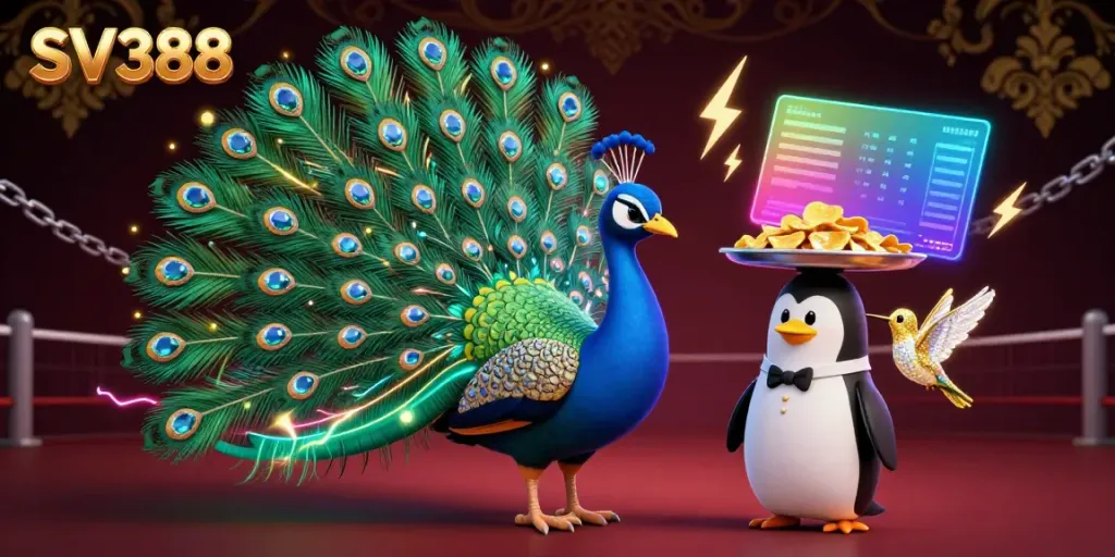 Engage with SV388's vibrant cockfighting illustration featuring a peacock, a penguin, and dynamic gaming elements.