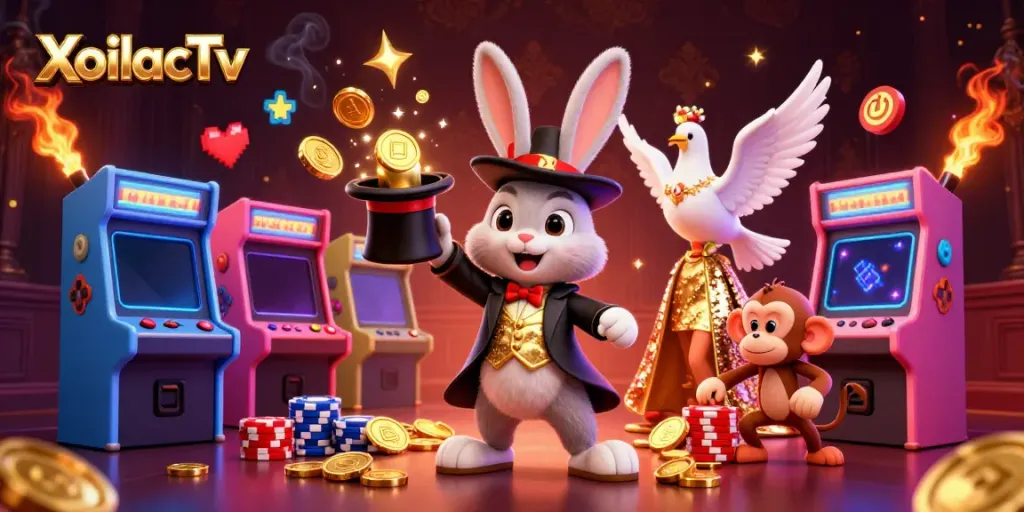 XoilacTv showcases a playful scene with a magician rabbit, dove, and monkey amid gambling excitement.