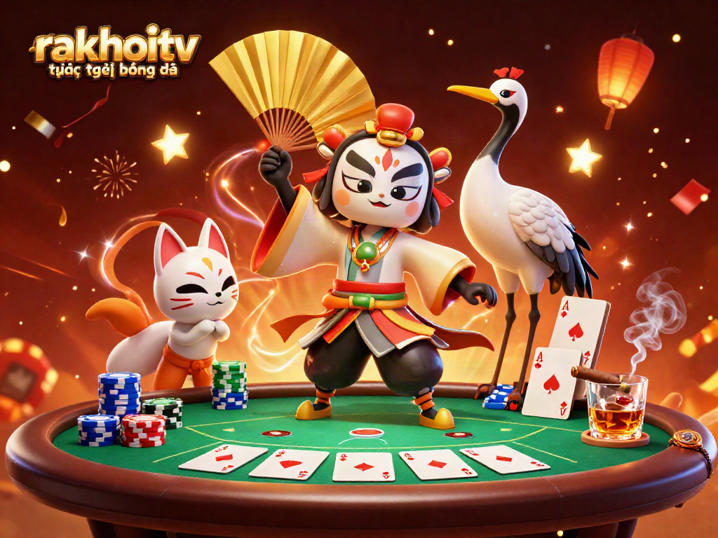 Engage with rakhoitv trực tiếp bóng đá in a vibrant casino scene featuring 3D characters and poker elements.