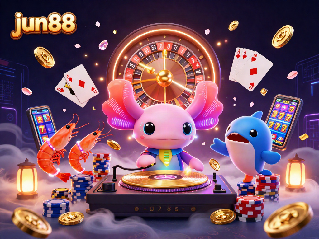 jun88 offers vibrant online casino gameplay with an energetic axolotl DJ and dynamic gaming elements
