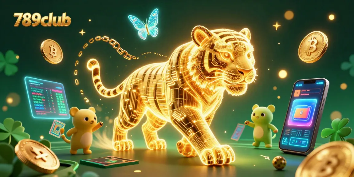 Engage with 789club in a vibrant digital casino scene featuring a neon tiger and crypto elements