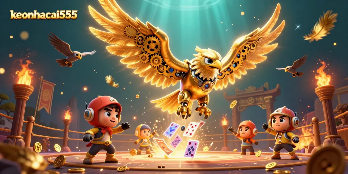 Experience thrilling action with keonhacai555 as a cybernetic eagle dives through colorful holographic cards.
