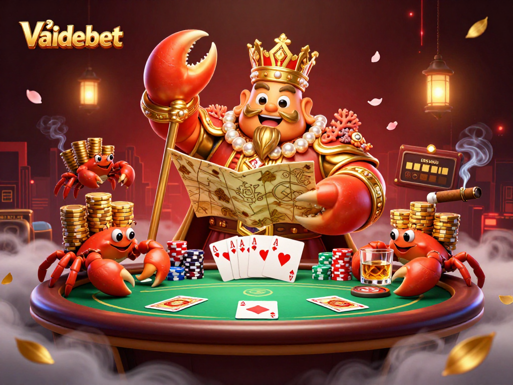 Engage with Vaidebet's golden crab emperor amidst a vibrant casino scene full of colorful poker chips.