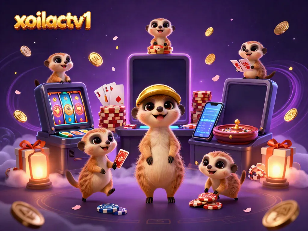 Xoilactv1 showcases a colony of meerkats managing a bustling casino operation amid vibrant slot game fun.