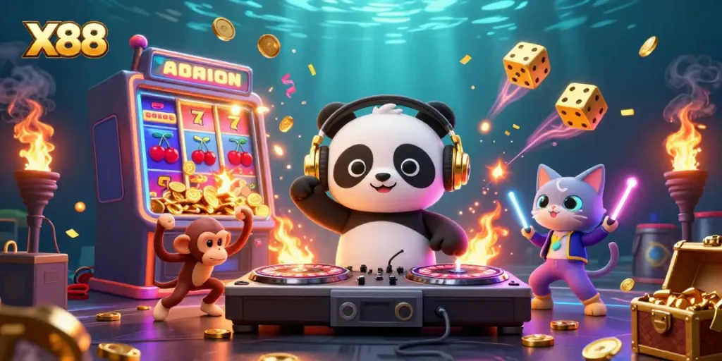 X88 casino scene with a DJ panda and breakdancing monkey celebrating a jackpot explosion.