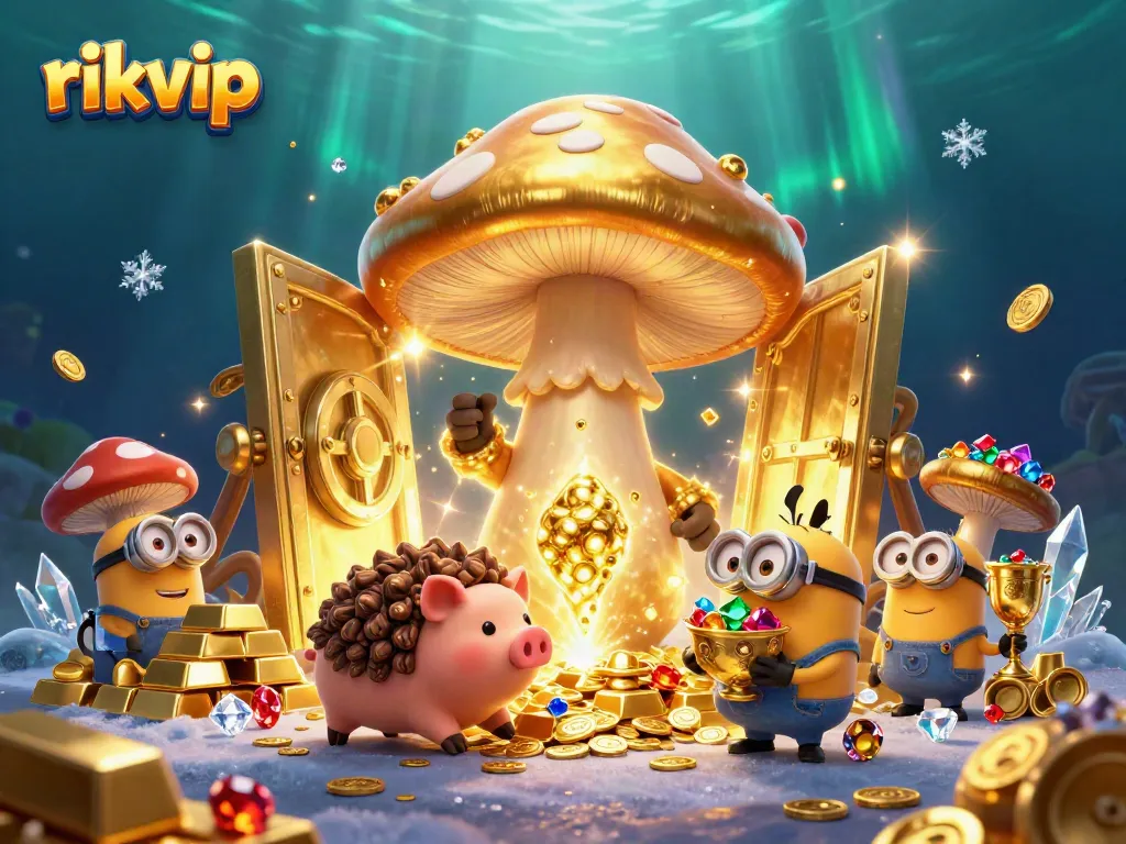 Experience the magic of rikvip with the golden wizard and treasure in this vibrant casino illustration.