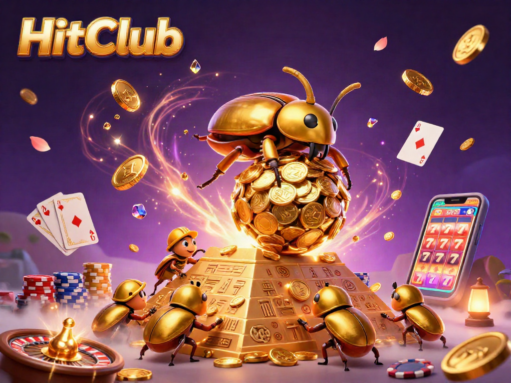 HitClub features a golden dung beetle amidst dazzling casino elements, showcasing excitement in gaming.