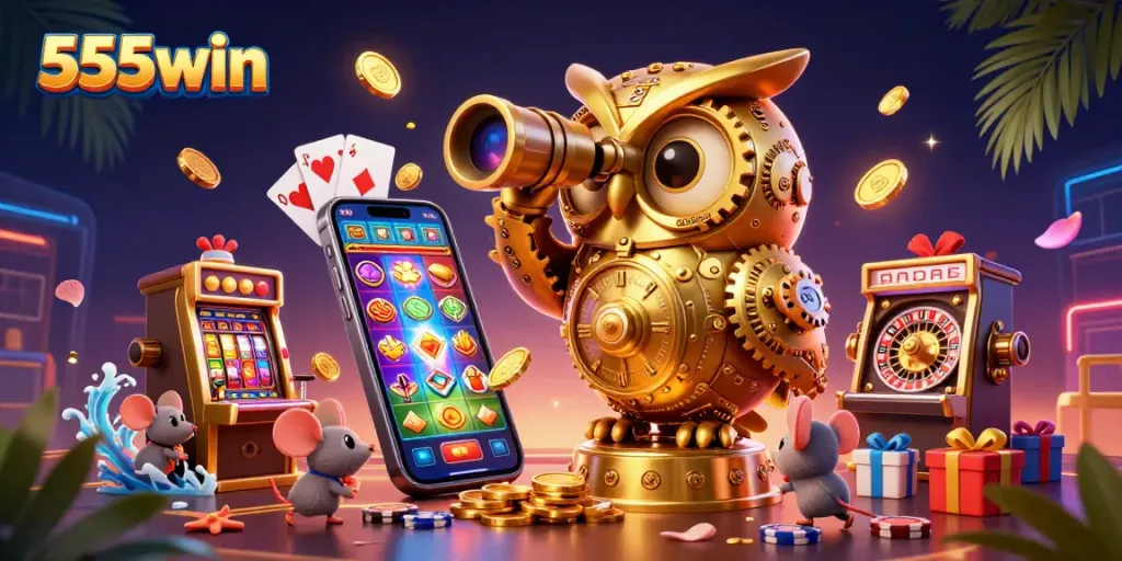 Experience the vibrant world of 555win as the golden owl and wind-up mice engage with colorful slot games.