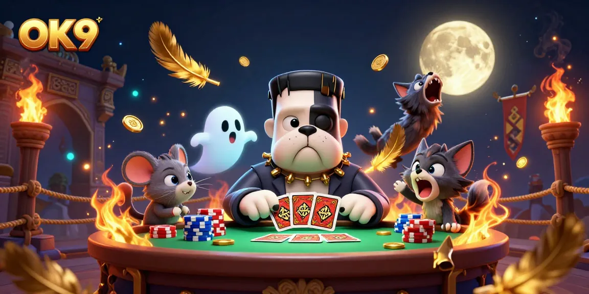 Engage with OK9's thrilling casino atmosphere featuring cartoon characters in a vibrant gaming scene.