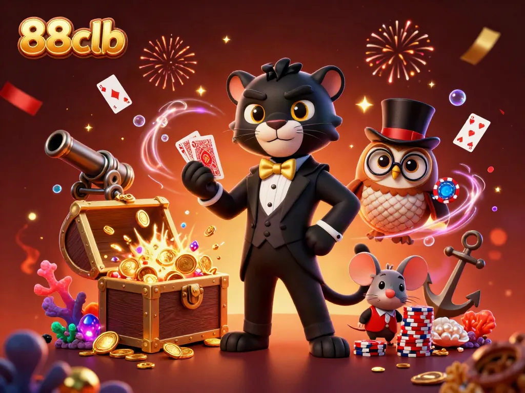 88clb showcases a stylish black panther and owl elegantly dealing cards amidst gold coins, emphasizing casino excitement.