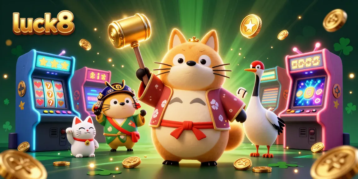 Experience luck8 with a cheerful tanuki and fortune cats in an exciting casino scene.