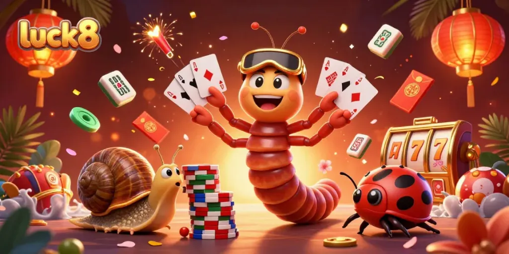 Engage with luck8's vibrant casino scene featuring a millipede dealer showcasing excitement and luck.