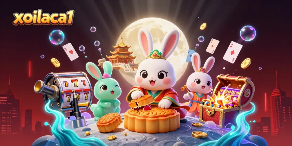 Xoilaca1 brings luck with moon rabbits and casino treasures on a lunar scene.