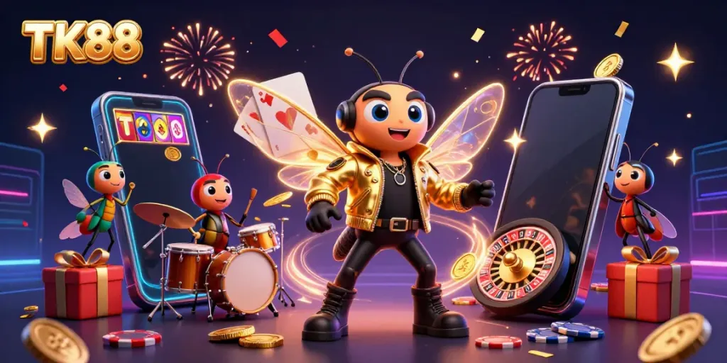 Experience the excitement of TK88 online gambling with vibrant 3D characters and casino elements.