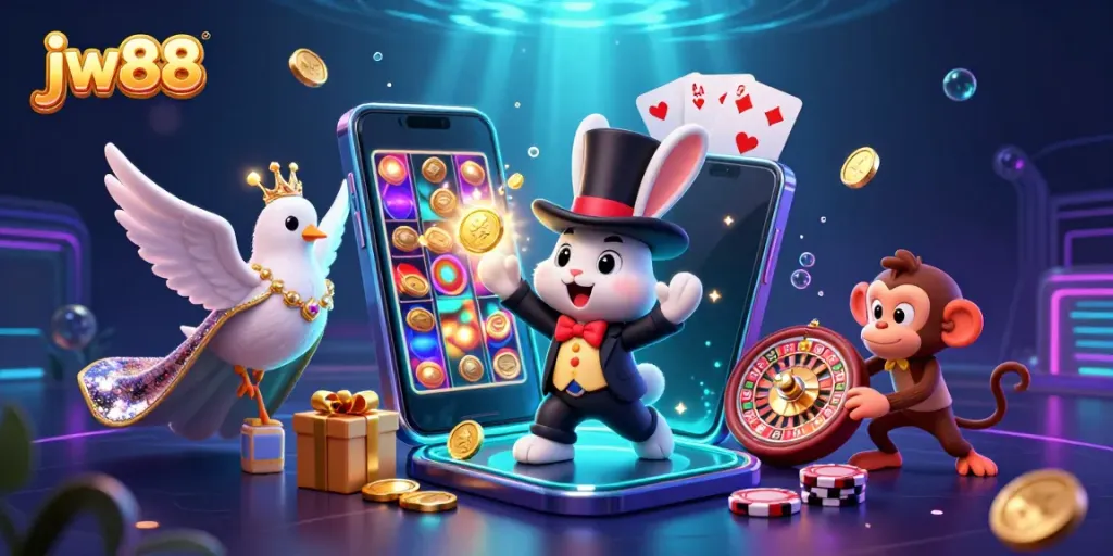 Experience the jw88 magic with a dazzling scene of a rabbit, dove, and monkey surrounded by casino elements.