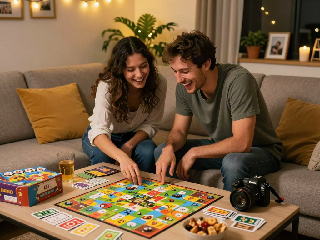 Couple enjoying a fun sex game night with playful board games and snacks in a cozy setting.