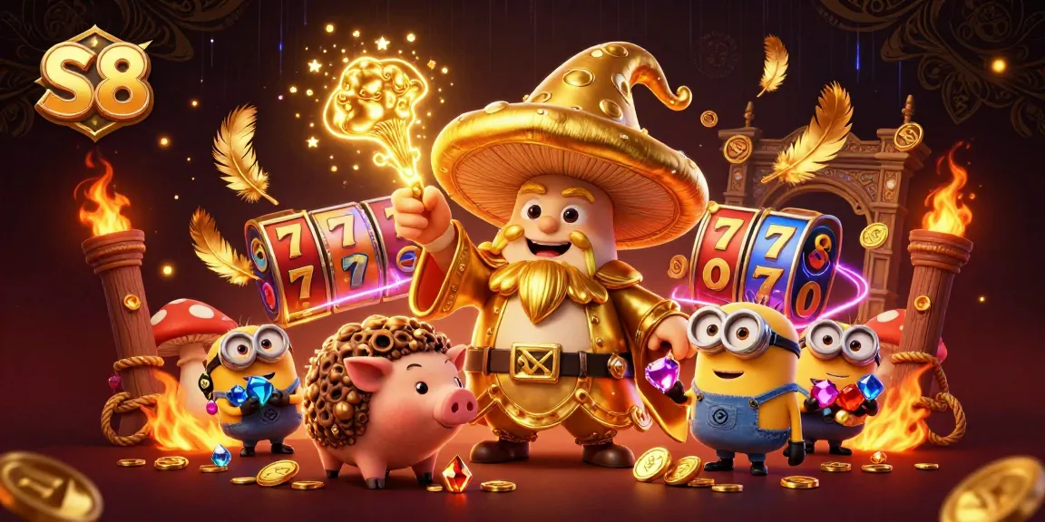 Spin the S8 jackpot with a magical wizard, treasure-hunting pig, and dynamic slot elements in a vibrant casino scene.