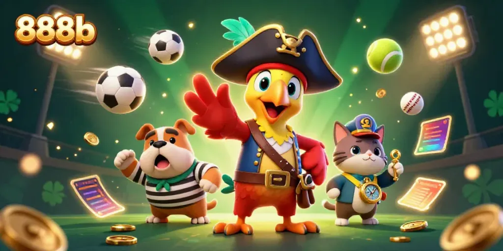 Experience thrilling action and sports betting with 888b's playful 3D pirate scene.