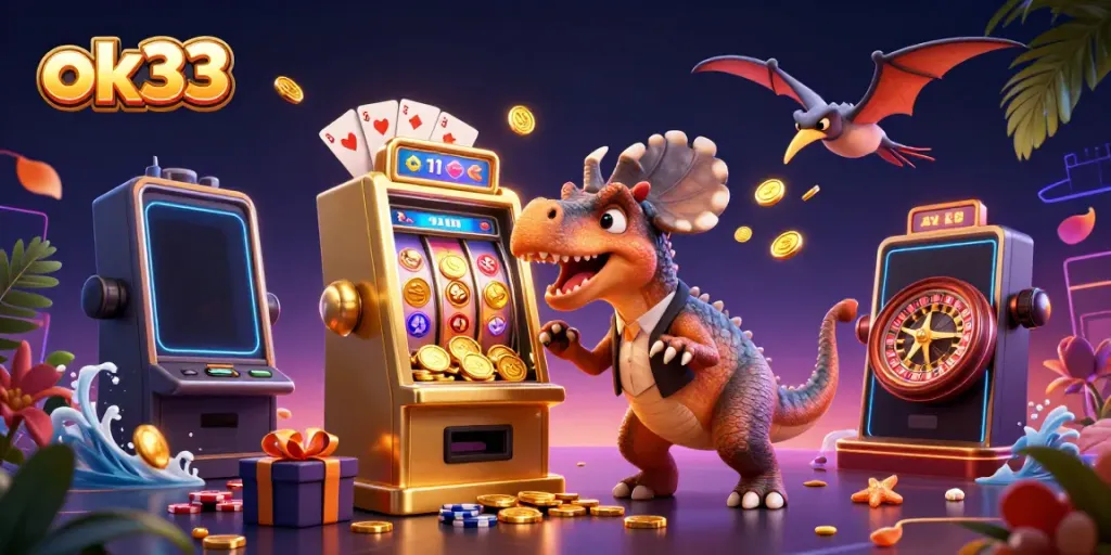 ok33 slot machine jackpot scene with cartoon dinosaurs and casino elements