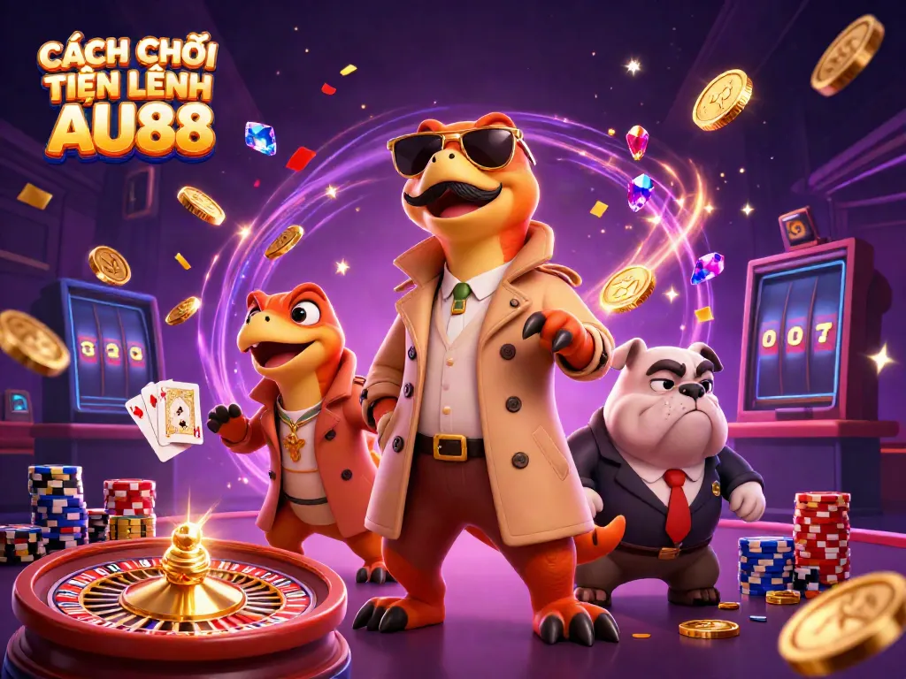 Engaging image illustrating CÁCH CHƠI TIẾN LÊN AU88, featuring cartoon raptors and casino elements.
