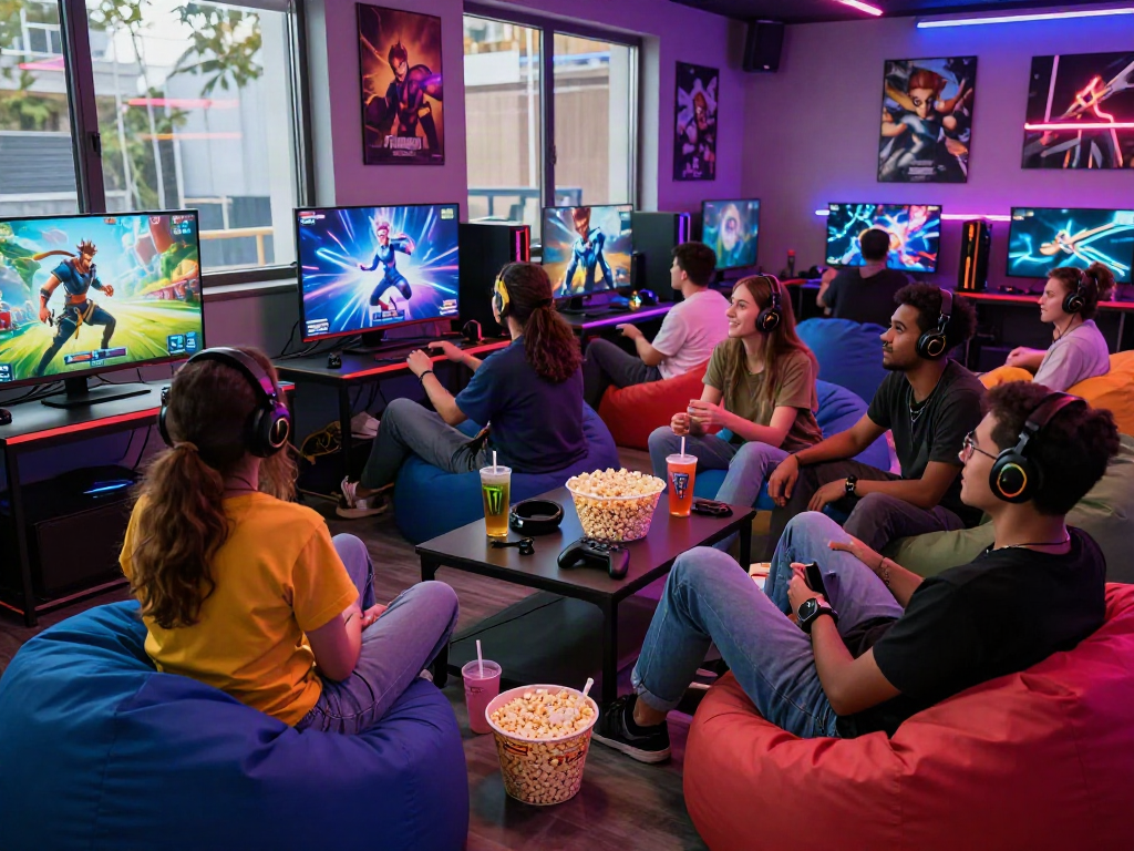 Diverse group enjoying an adult game session in a lively gaming lounge.