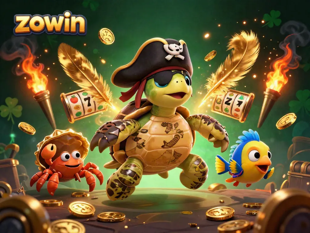 Experience the thrill with zowin slot reels and pirate characters in a vibrant casino scene.