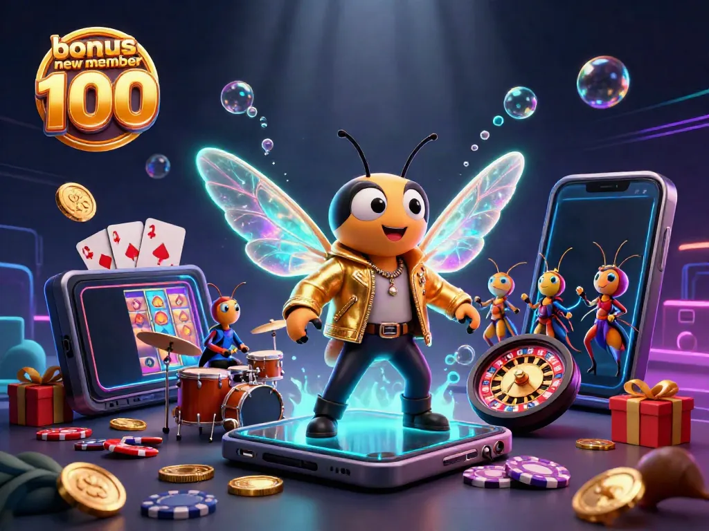 Experience the thrill of "bonus new member 100" at an exciting online casino with vivid 3D characters and slot game elements.