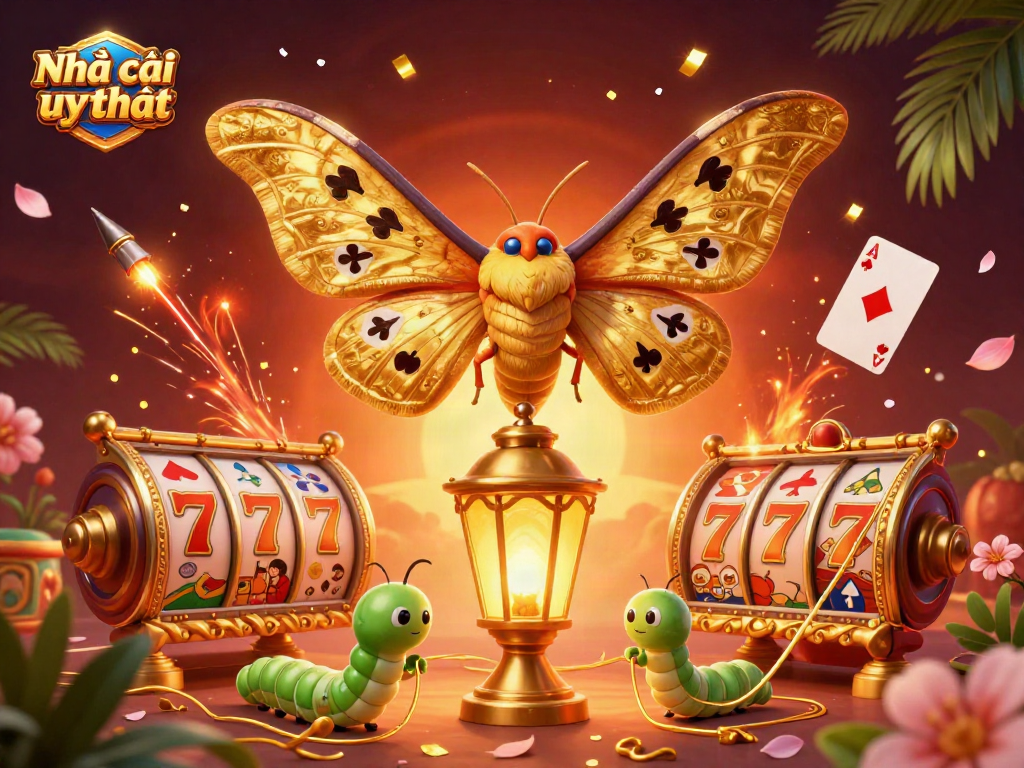 Play exciting casino games with Nhà cái uy tín featuring vibrant 3D illustration of moth, lantern, and vibrant elements.