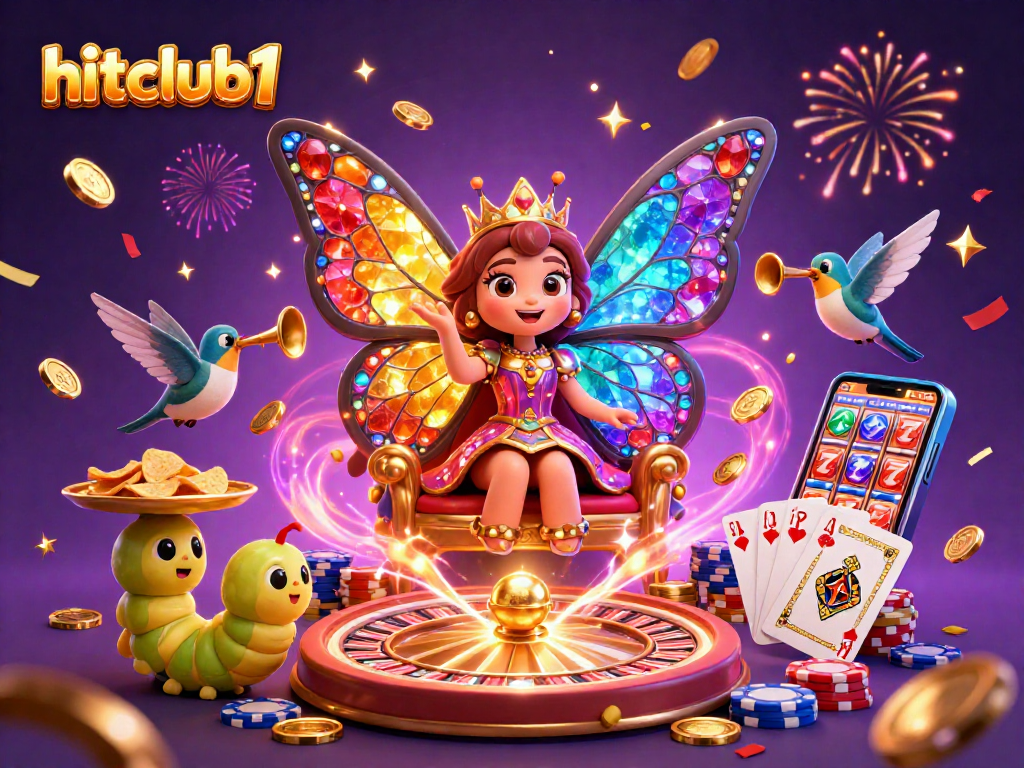 hitclub1 showcases a vibrant casino scene with a butterfly queen amidst golden coins and rich casino elements.