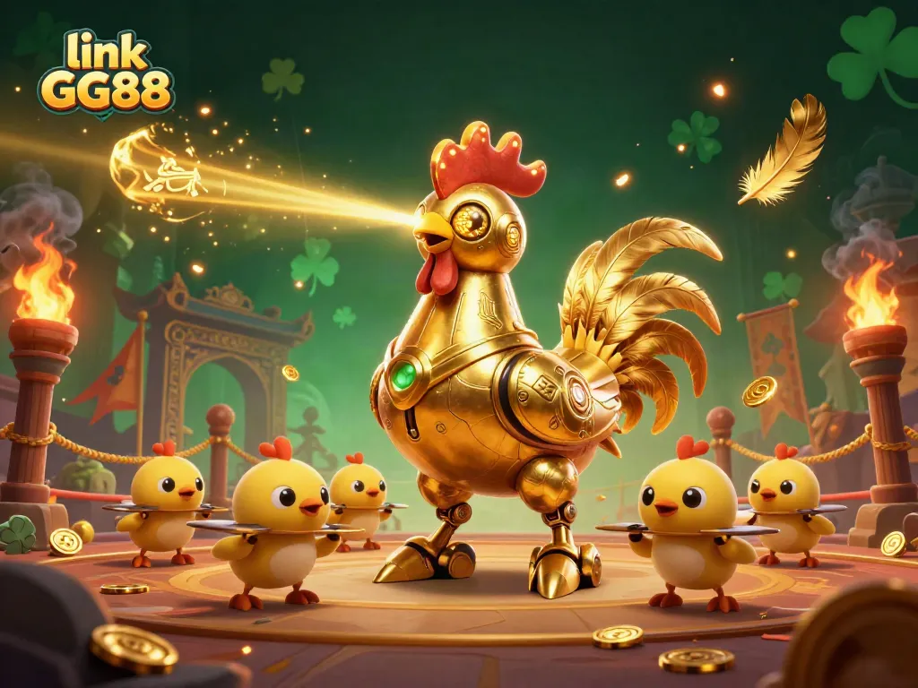 Engage with the gameplay at link GG88, featuring a dynamic scene with a golden rooster robot and baby chick drones.